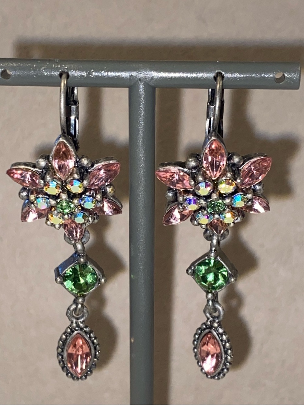 Delicate Pink and Green Austrian Crystal Floral Drop Earrings - Women Jewelry